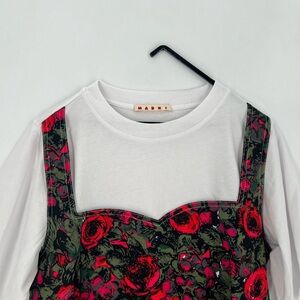 Marni Amarcord Floral Roses Faille T-Shirt Mini Dress In White and Multicolor
